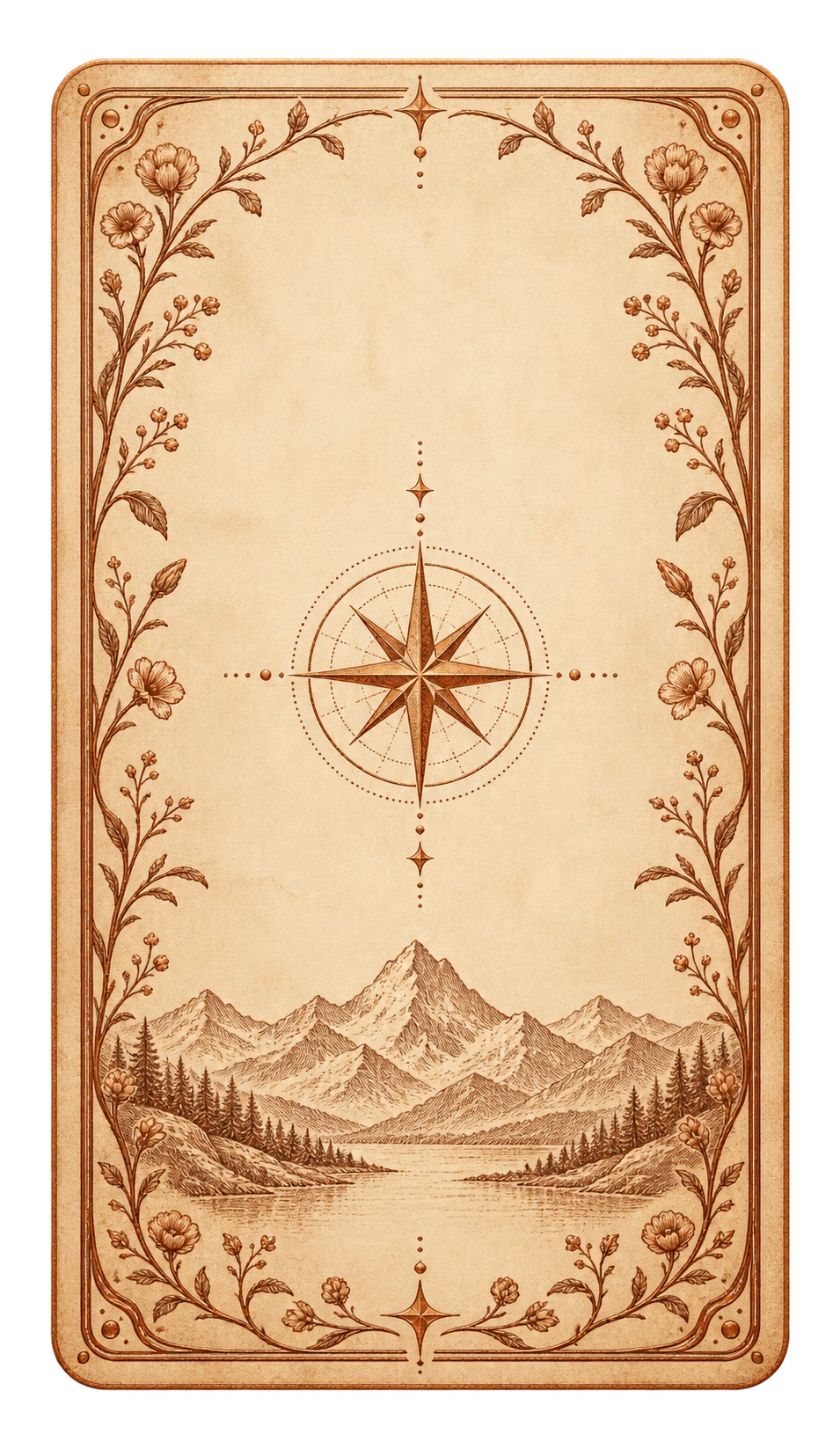 Decorative parchment card with botanical engraving and a compass