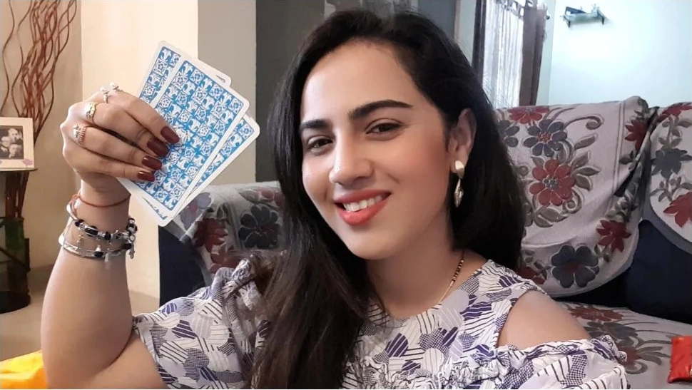 Kanchan with her tarot cards, in her original photograph